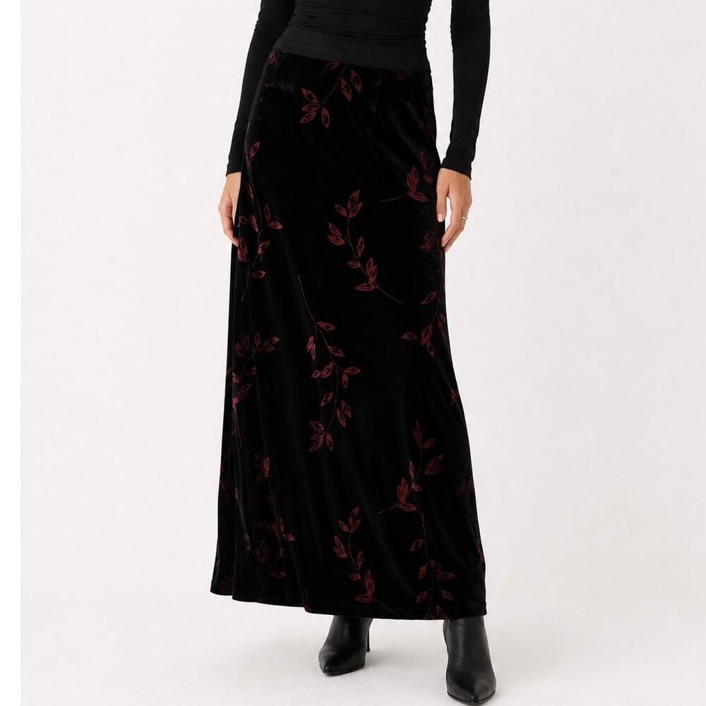 Vintage First Issue Velvet Maxi Skirt NWT M Black Burnout Floral retro  Stretch